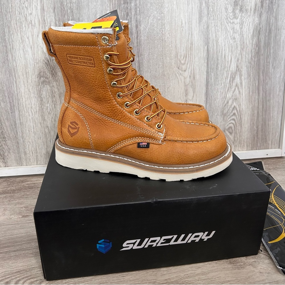SUREWAY Moc Toe Work Boots Men Size 7 - 8 inch Wedge New Soft Toe Non Slip Fa